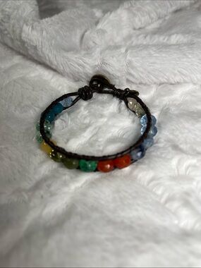 FOSSIL Multicolor Gemstone Wrap Bracelet with Brown Braided Cord